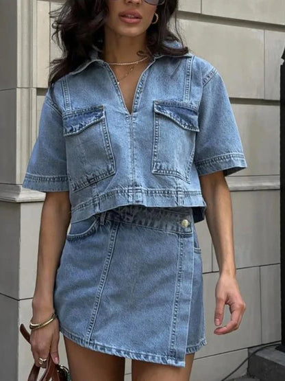 Women's 2-piece denim streetwear set with short sleeve lapel jean top and asymmetrical denim shorts, stylish and casual.