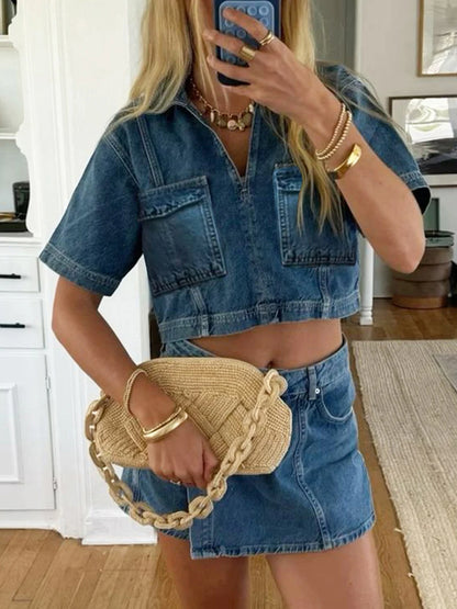 Women’s 2-piece denim streetwear set with short sleeve lapel jean top and asymmetrical shorts, stylish and casual outfit.