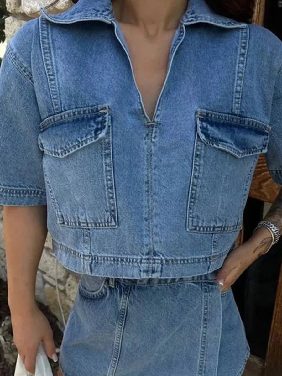 Women’s 2-piece denim outfit with short sleeve lapel jean top and asymmetrical shorts, casual streetwear from Librazy Store.