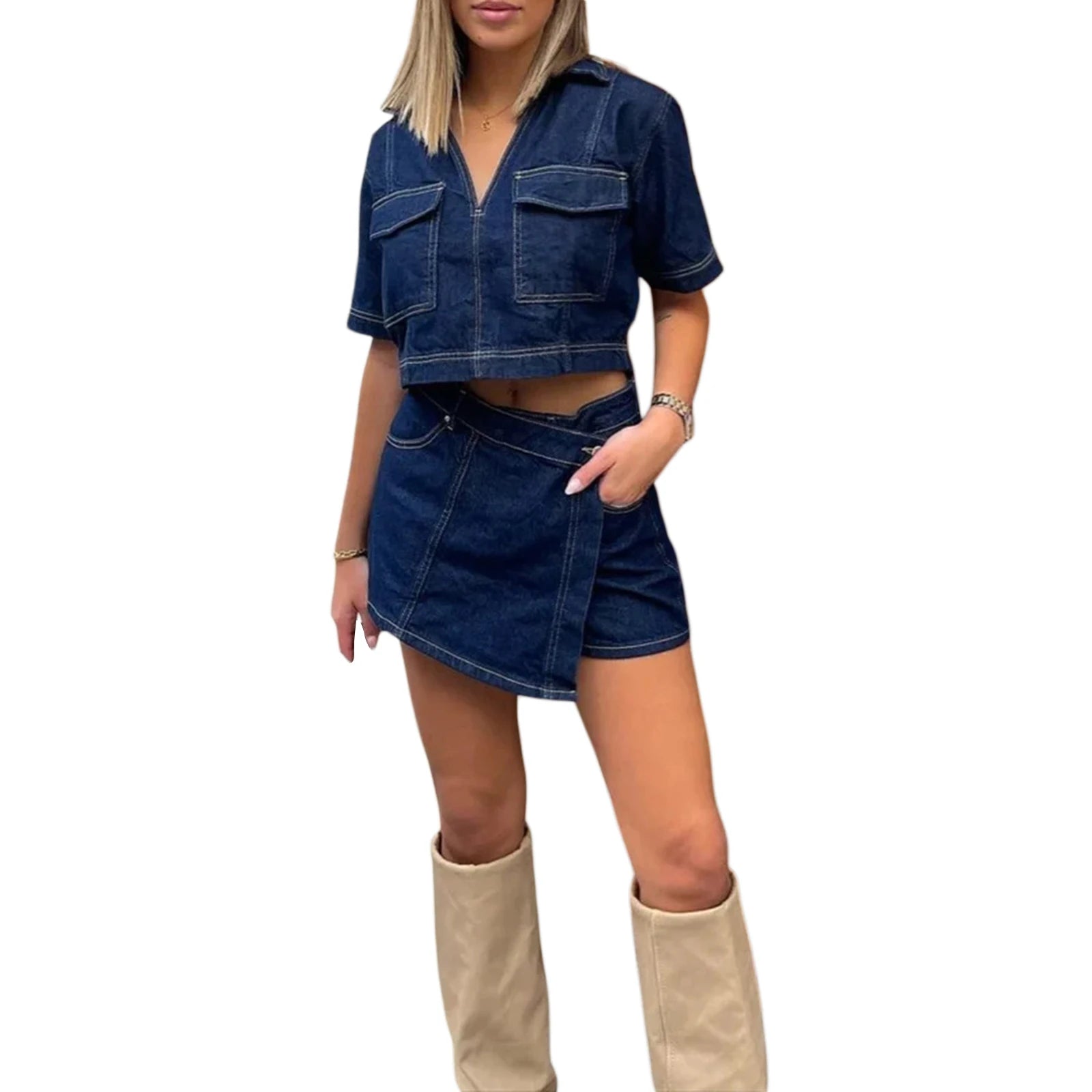 Women’s 2-piece denim outfit with short sleeve lapel jean top and asymmetrical shorts, stylish streetwear by Librazy Store.
