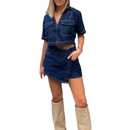 Women’s 2-piece denim outfit with short sleeve lapel jean top and asymmetrical shorts, stylish streetwear by Librazy Store.