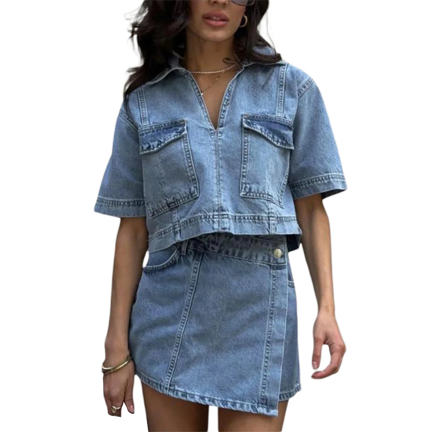 Women’s 2-piece denim outfit with short sleeve lapel jean top and asymmetrical shorts, streetwear style by Librazy Store.
