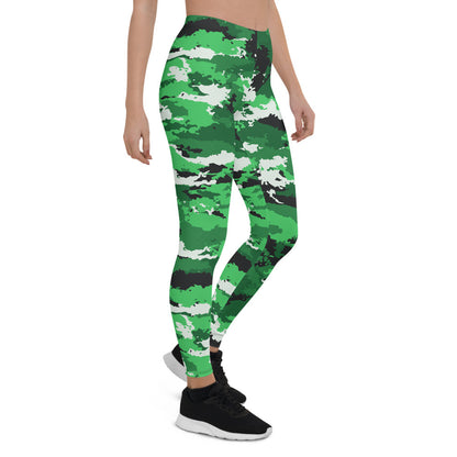 Green camo activewear leggings for women by Maroon Sooty, featuring a stretchy, comfortable fit with a stylish camo pattern.