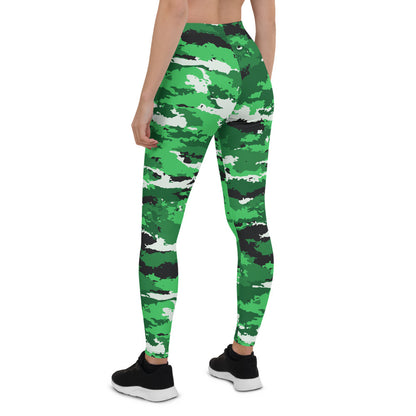 Green camo leggings for women by Maroon Sooty, activewear, stretchy fabric, close-up view of the camouflage pattern.