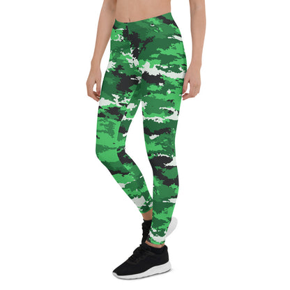 Green camo leggings for women from Maroon Sooty activewear, featuring a fitted stretch design and camouflage pattern.