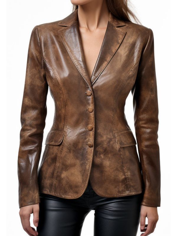 Women’s Alessia Brown Distressed Leather Blazer by Martin Jackets, featuring a fitted design and distressed leather texture.