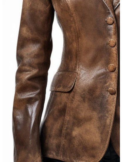 Women’s brown distressed leather blazer by Martin Jackets, featuring a fitted style and classic lapel collar.