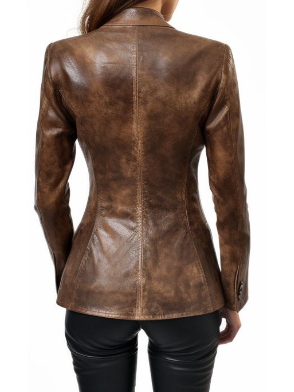 Women’s brown distressed leather blazer by Martin Jackets, styled with a tailored fit and classic lapel collar.