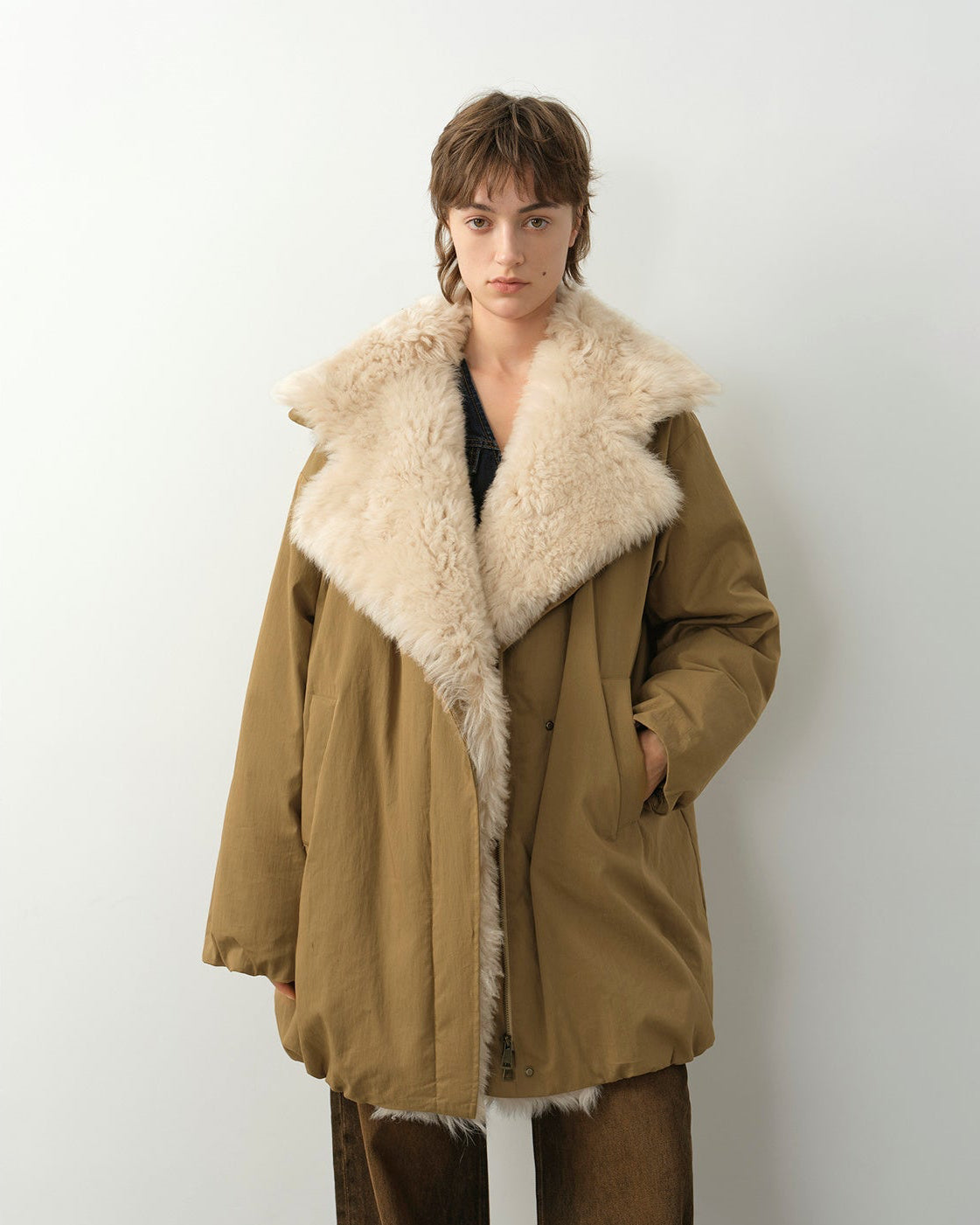 Fireladyfur women's winter goose down coat with Tuscan wool in army green, stylish and warm outerwear by MINKANDFOX.