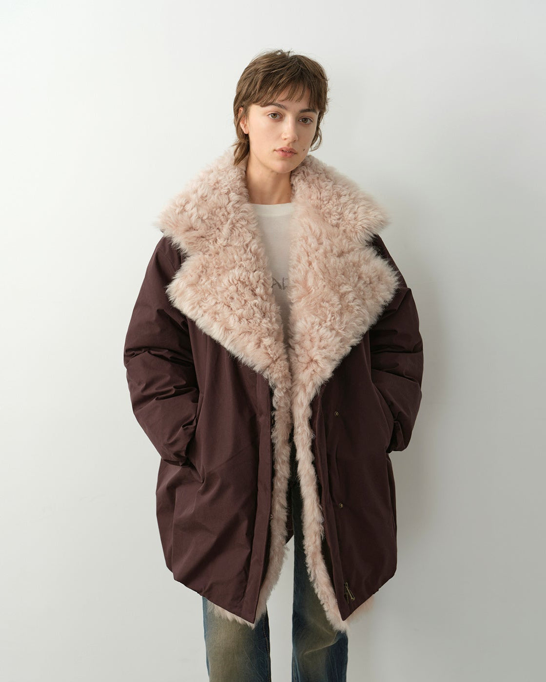 Women's winter goose down coat with Tuscan wool in army green, by Fireladyfur, offering warmth and stylish comfort.