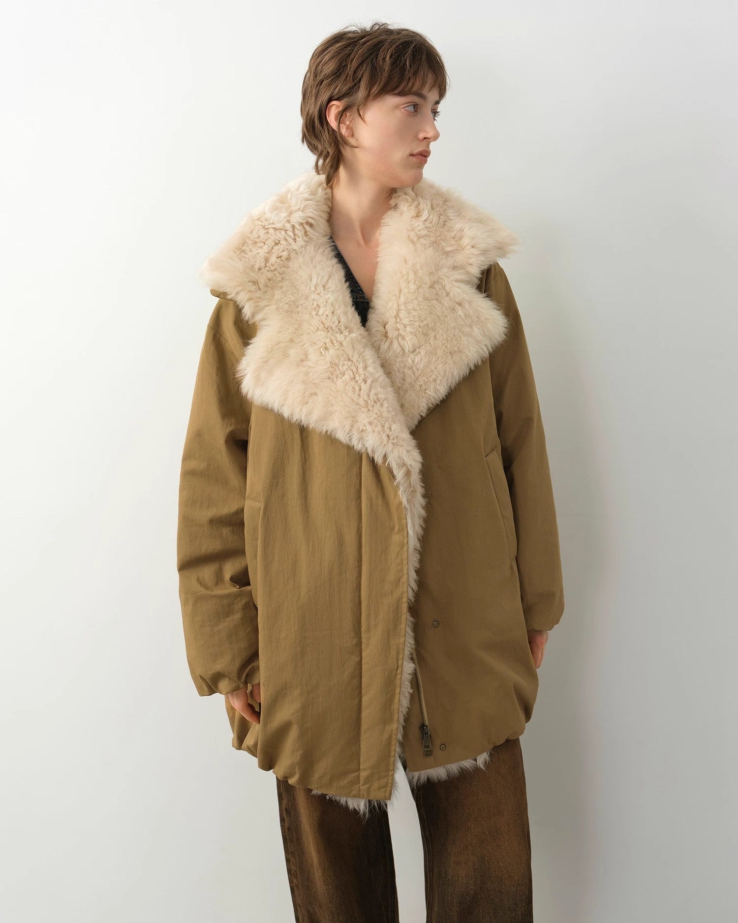 Women's winter goose down coat with Tuscan wool in army green, by Fireladyfur, featuring a warm and stylish design.
