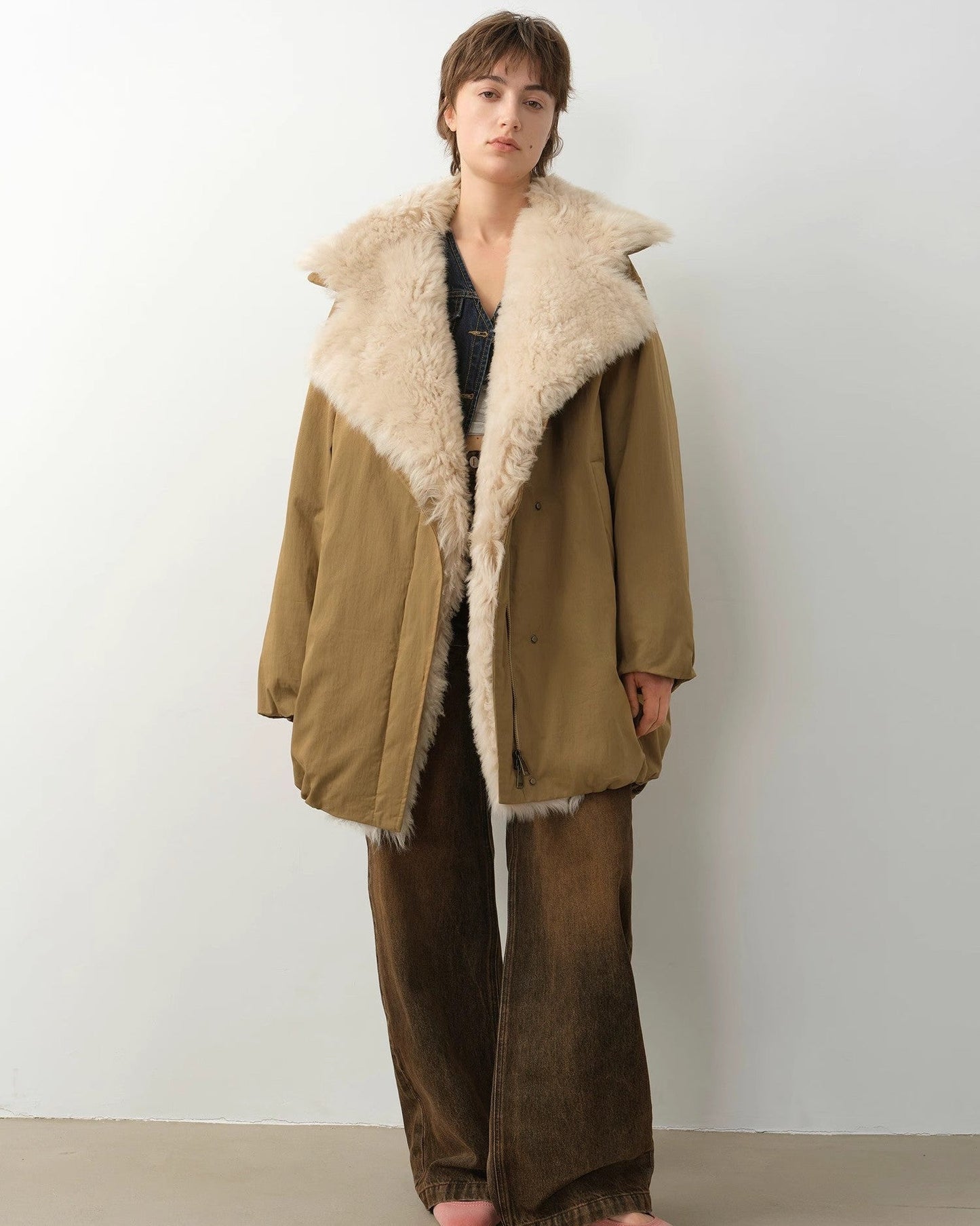 Fireladyfur Women's winter goose down coat with Tuscan wool, featuring a stylish design and cozy warmth, in a versatile outerwear style.
