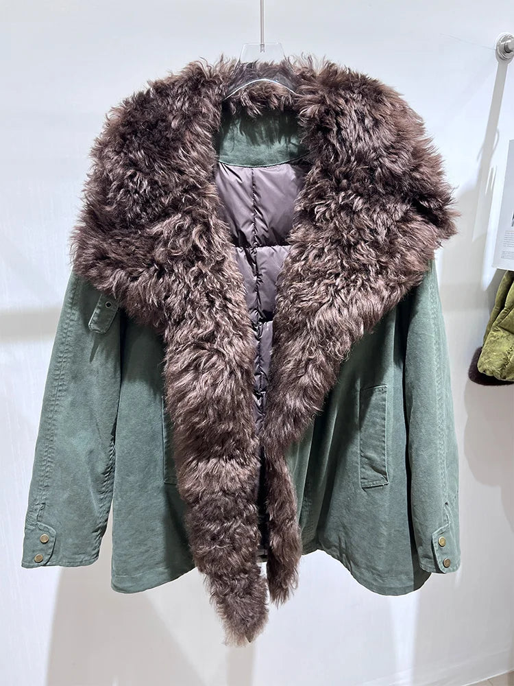 Women's winter goose down coat with Tuscan wool from Fireladyfur, featuring a stylish, warm, and insulated design.