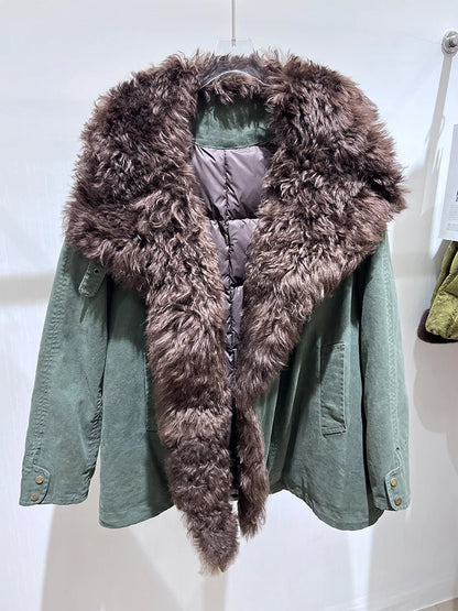 Women's winter goose down coat with Tuscan wool from Fireladyfur, featuring a stylish, warm, and insulated design.