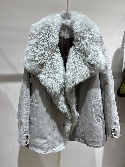 Women's winter goose down coat with Tuscan wool by Fireladyfur, stylish and warm, featuring a plush hood and quilted design.