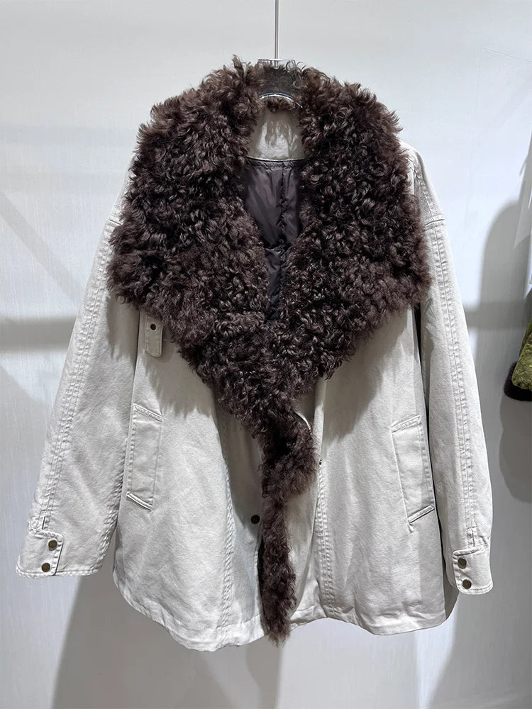 Women's winter goose down coat with Tuscan wool from Fireladyfur, featuring a warm, stylish design.