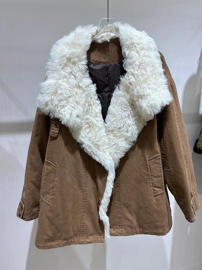 Women's winter goose down coat with Tuscan wool by Fireladyfur, featuring a warm, stylish design and plush detailing.