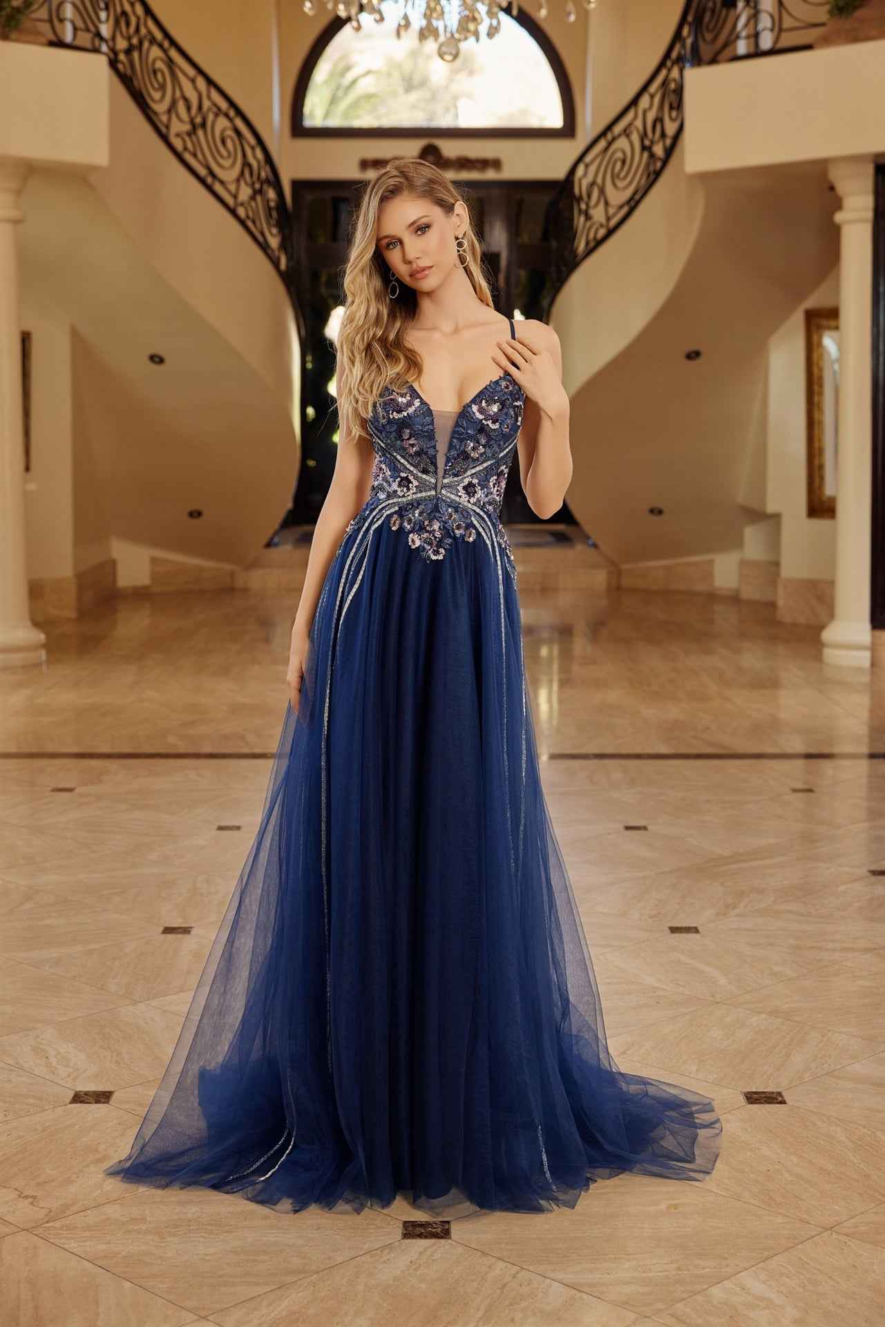 Black formal sleeveless graduation gown with floral motif and lace-up back, designed for prom by NXAB.