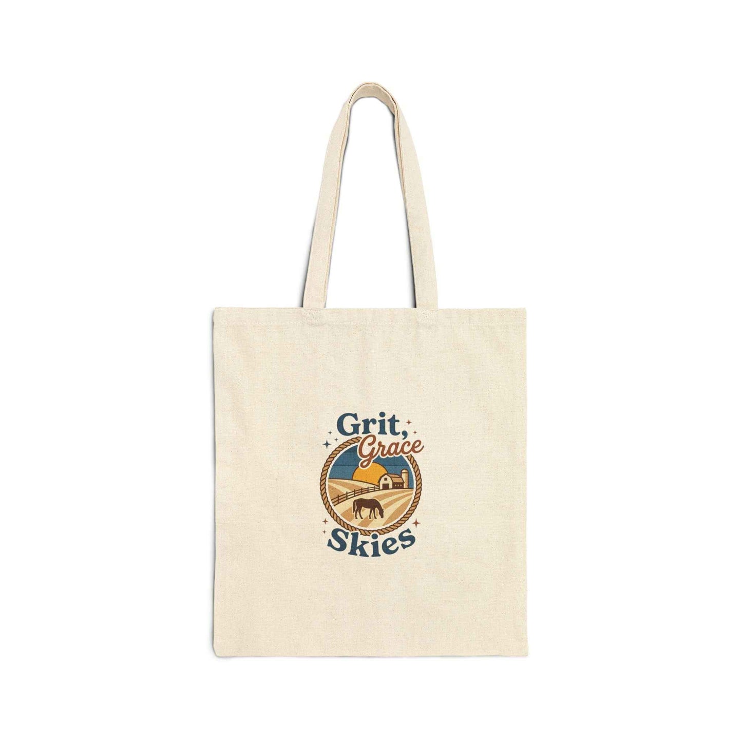 Rustic cowgirl canvas tote bag by Grit Grace Skies featuring natural-colored durable fabric for everyday adventures.