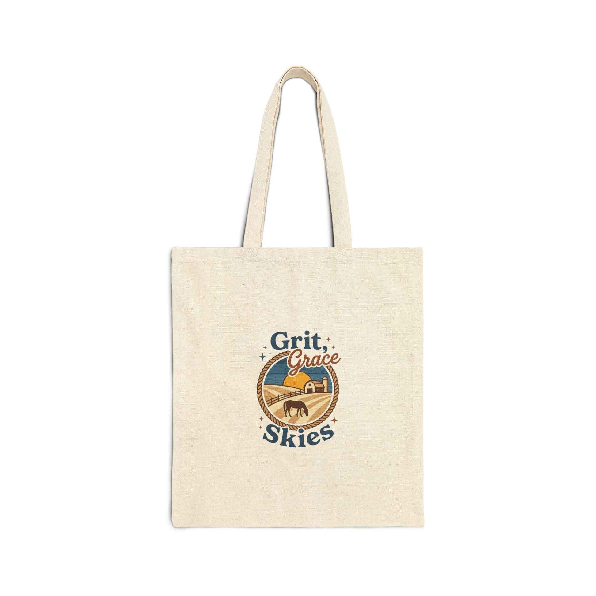 Rustic cowgirl canvas tote bag by Grit Grace Skies featuring natural-colored durable fabric for everyday adventures.