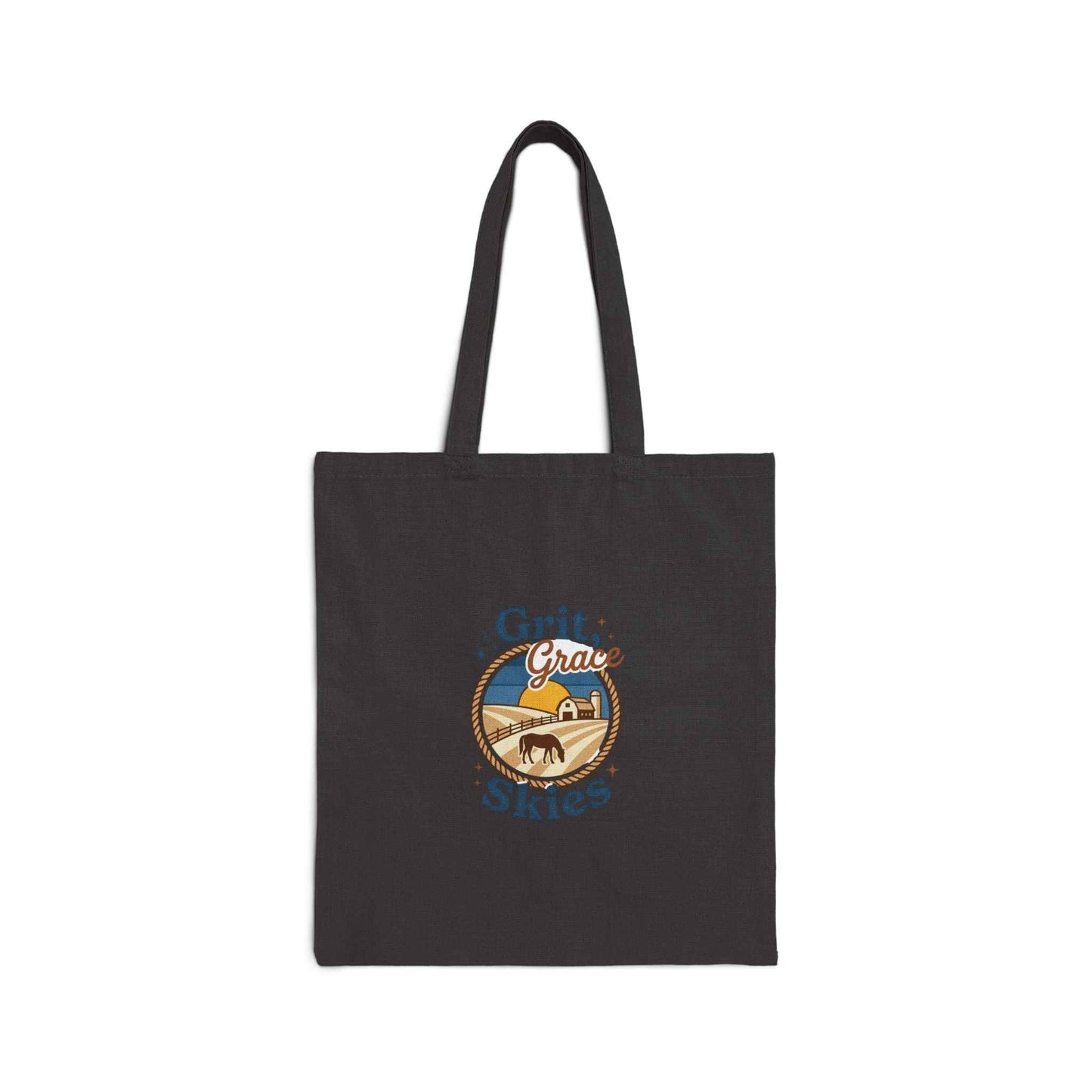 Rustic cowgirl canvas tote bag by Grit Grace Skies, stylish Printify bag with natural beige color for everyday adventures.