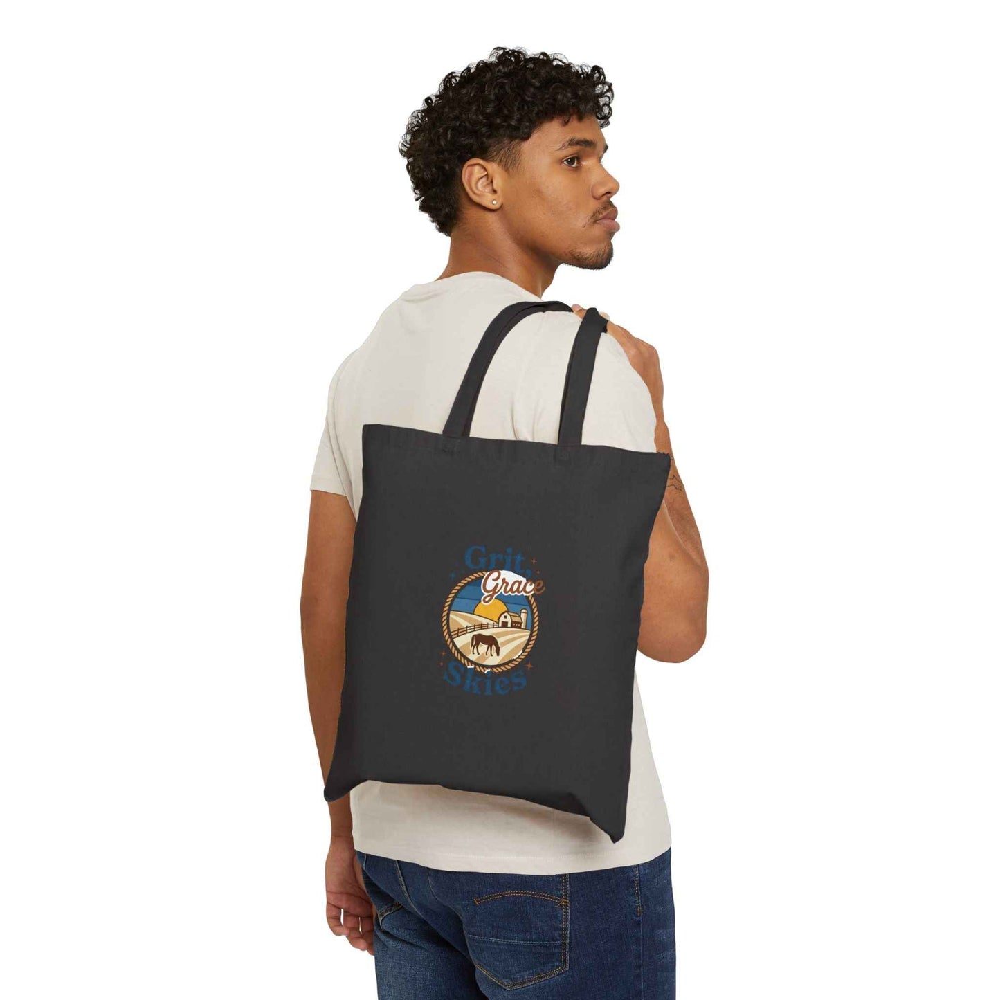 Rustic cowgirl canvas tote bag by Grit Grace Skies, featuring a stylish design for everyday adventures, made by Printify.