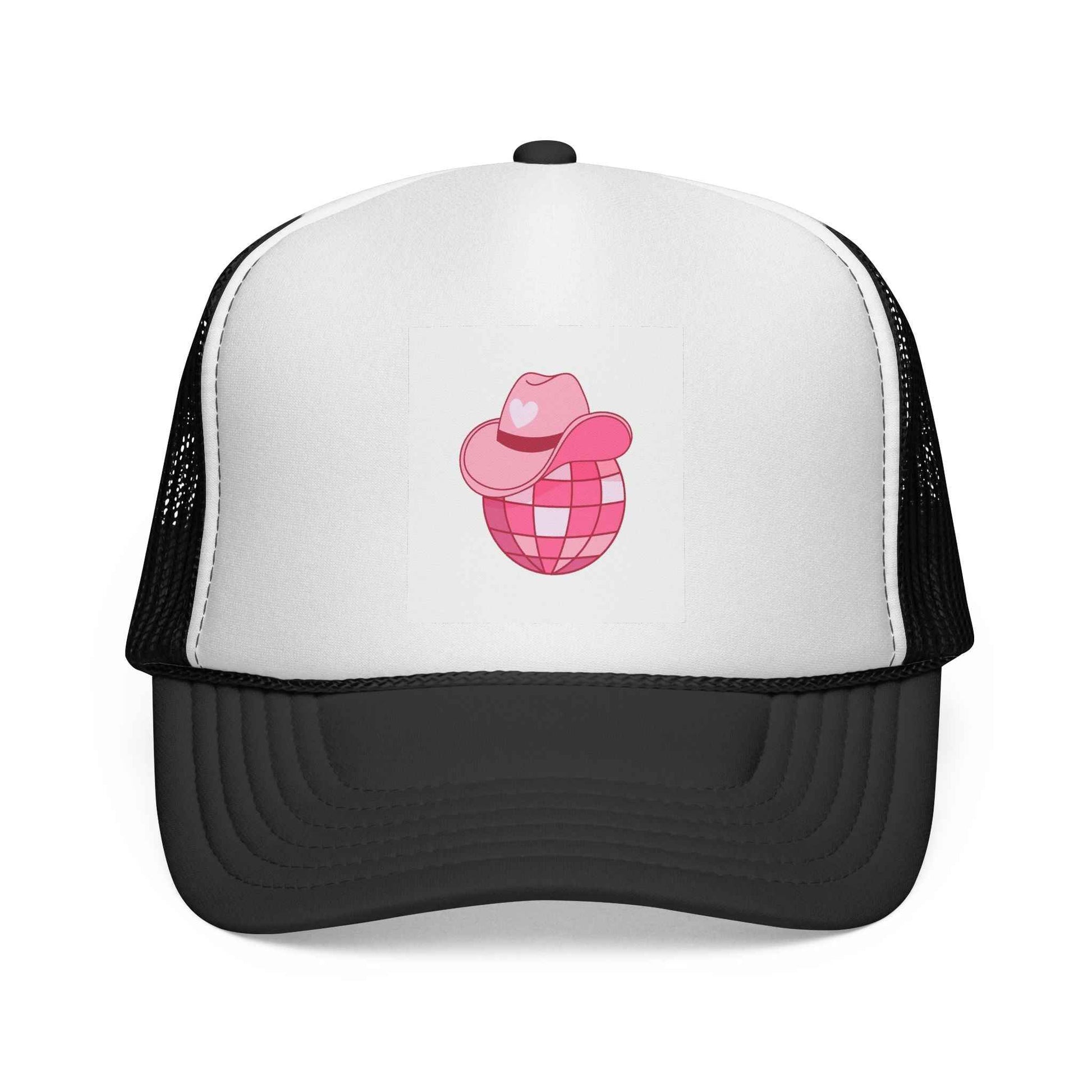Pink cowboy disco ball trucker cap by Printify, stylish hat with a fun summer vibe and adjustable one-size fit.