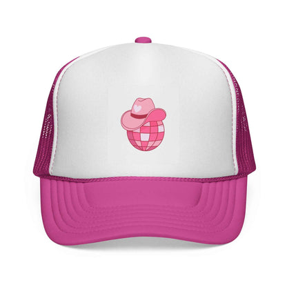 Pink cowboy disco ball trucker cap by Printify featuring a stylish design, perfect for fun summer days.