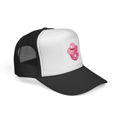 Stylish pink cowboy disco ball trucker cap by Printify, featuring a fun summer hat with a shiny disco ball design.