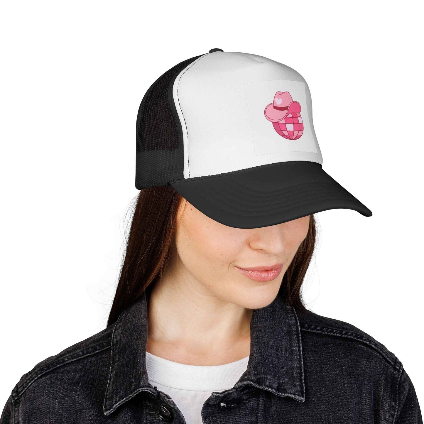 Stylish pink cowboy disco ball trucker cap by Printify featuring a fun, shiny summer hat with a colorful design and adjustable fit.