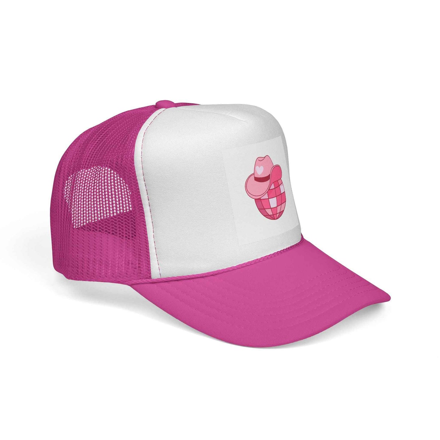 Pink cowboy disco ball trucker cap by Printify with stylish design, perfect for fun summer days and casual wear.