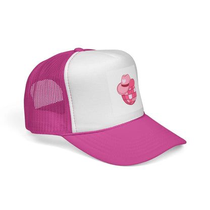 Pink cowboy disco ball trucker cap by Printify with stylish design, perfect for fun summer days and casual wear.