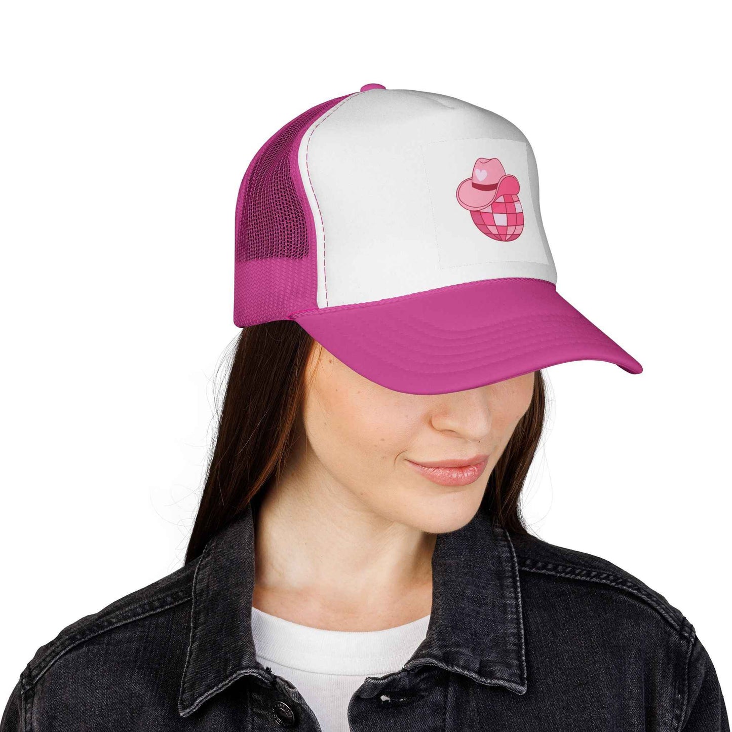 Pink cowboy disco ball trucker hat by Printify featuring a stylish design, perfect for fun summer days.