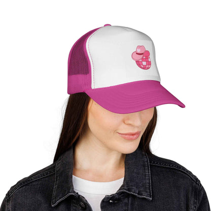 Pink cowboy disco ball trucker hat by Printify featuring a stylish design, perfect for fun summer days.