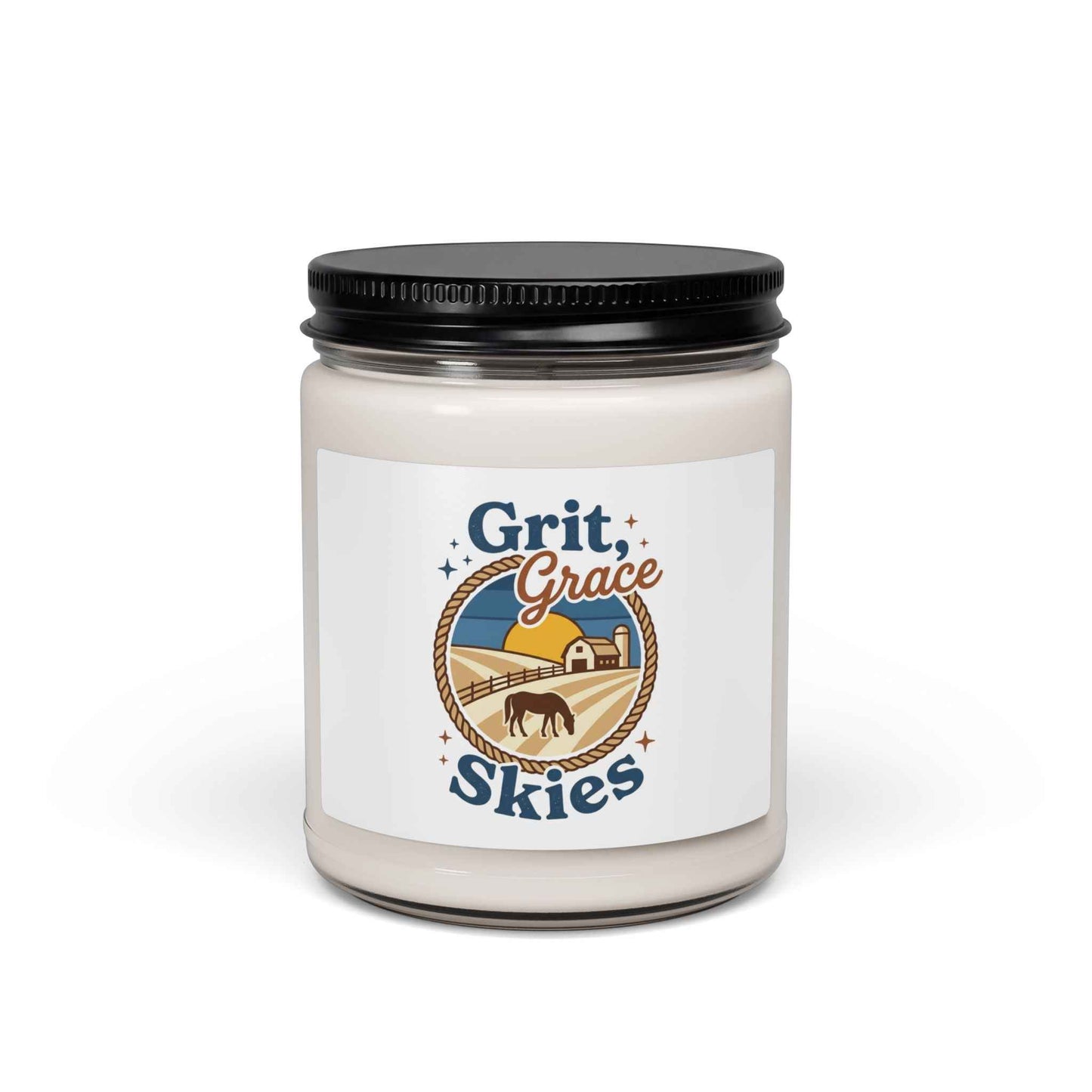 Printify Grit + Grace Skies Candle in a white jar, featuring a serene western prairie design, ideal for relaxation and home decor.