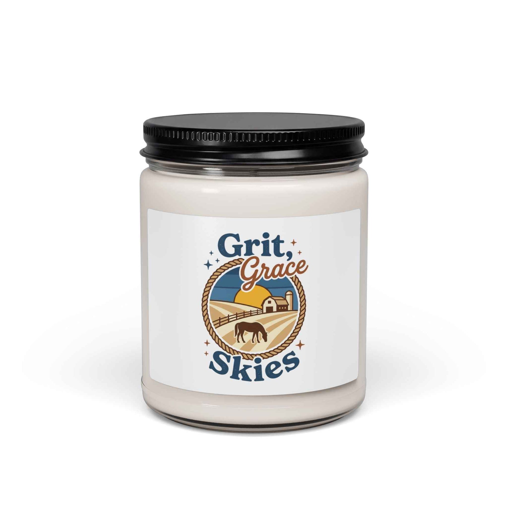 Printify Grit + Grace Skies Candle in a white jar, featuring a serene western prairie design, ideal for relaxation and home decor.