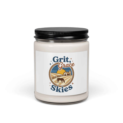 Printify Grit + Grace Skies Candle in a clean cotton 9oz jar, a Western Prairie soy candle for relaxation and cozy home decor.