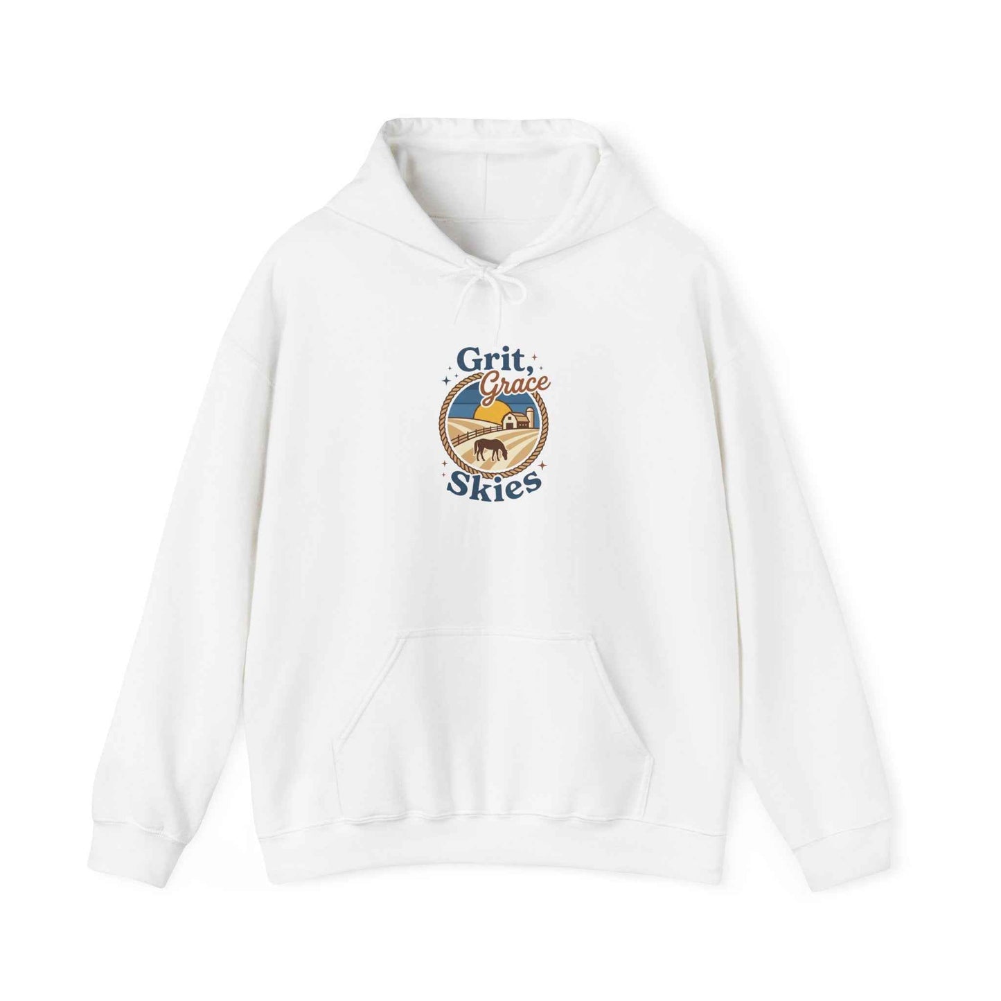 Navy Sun-Bleached Prairie Patch Hoodie by Printify featuring a casual fit and patch design, displayed on a plain background.