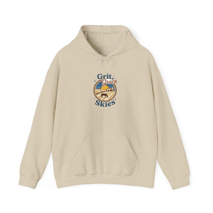 Navy sun-bleached prairie patch hoodie by Printify with casual fit and patch details, perfect for relaxed streetwear style.