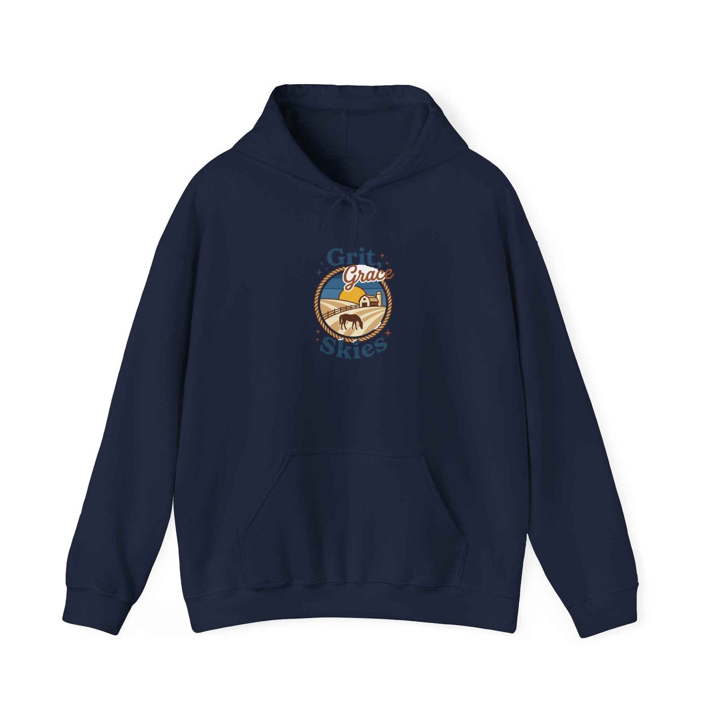Navy Sun-Bleached Prairie Patch Hoodie by Printify featuring a casual hoodie with distressed sun-bleached patch design.