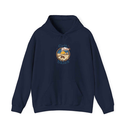 Navy Sun-Bleached Prairie Patch Hoodie by Printify featuring a casual hoodie with distressed sun-bleached patch design.