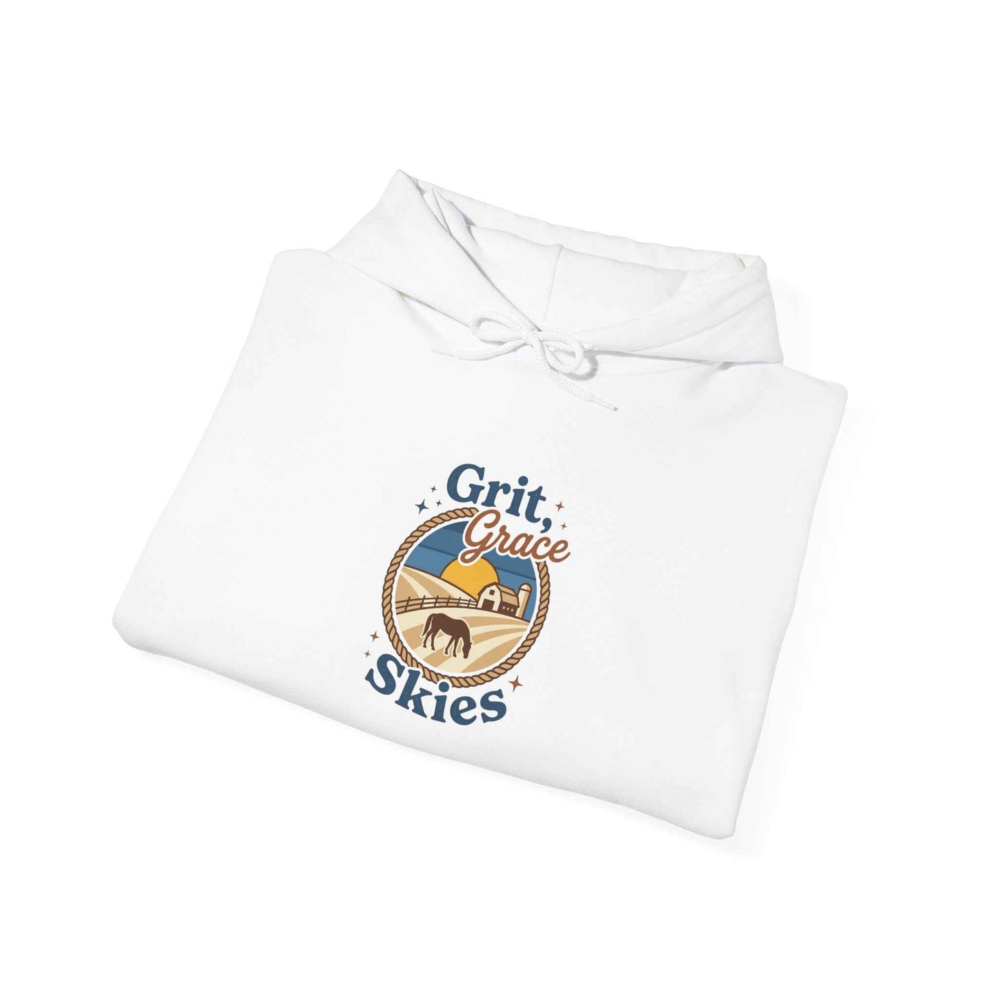 Navy hoodie by Printify with sun-bleached prairie patch design, casual style, and comfortable fit.