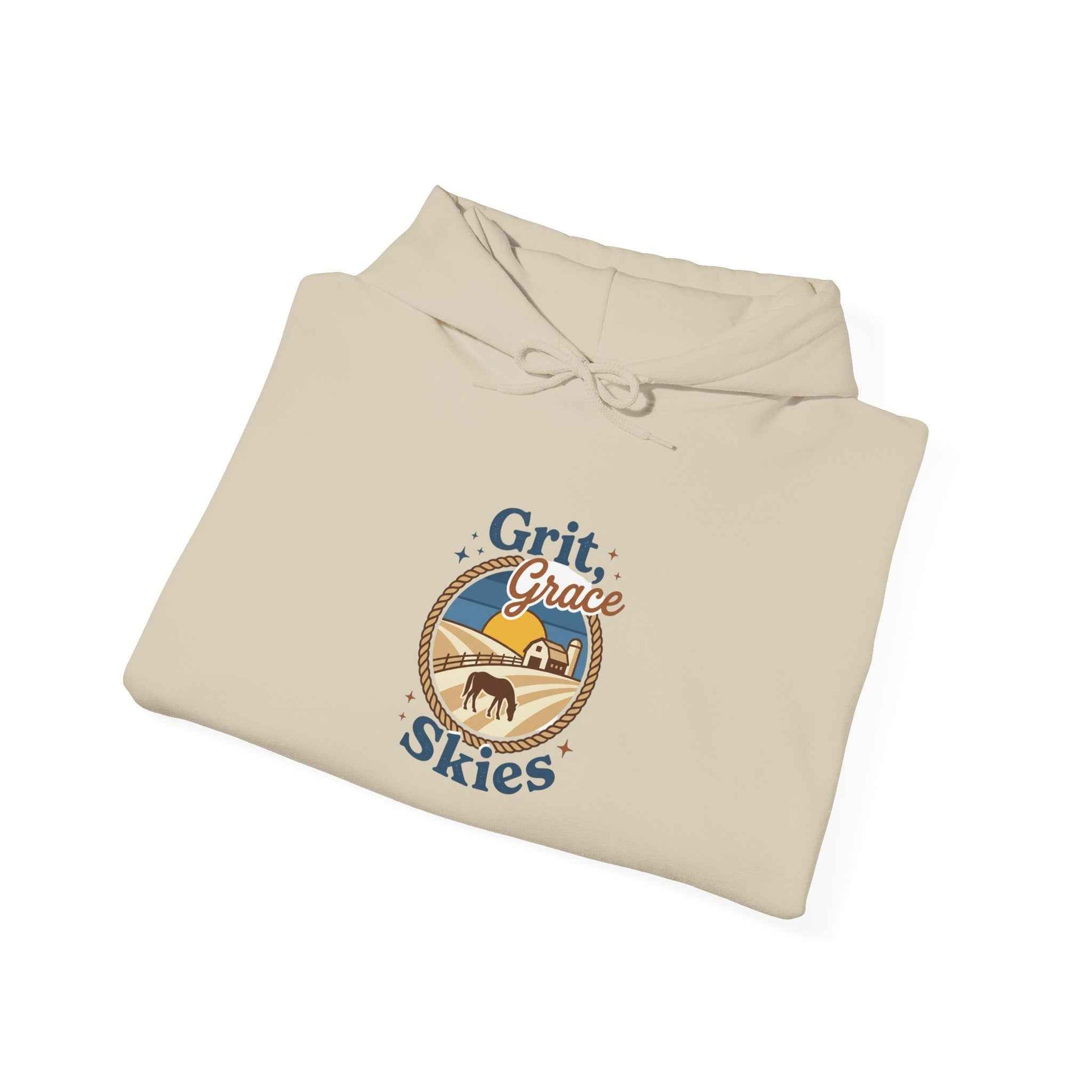 Navy sun-bleached prairie patch hoodie by Printify featuring a casual fit and patch details on the front.