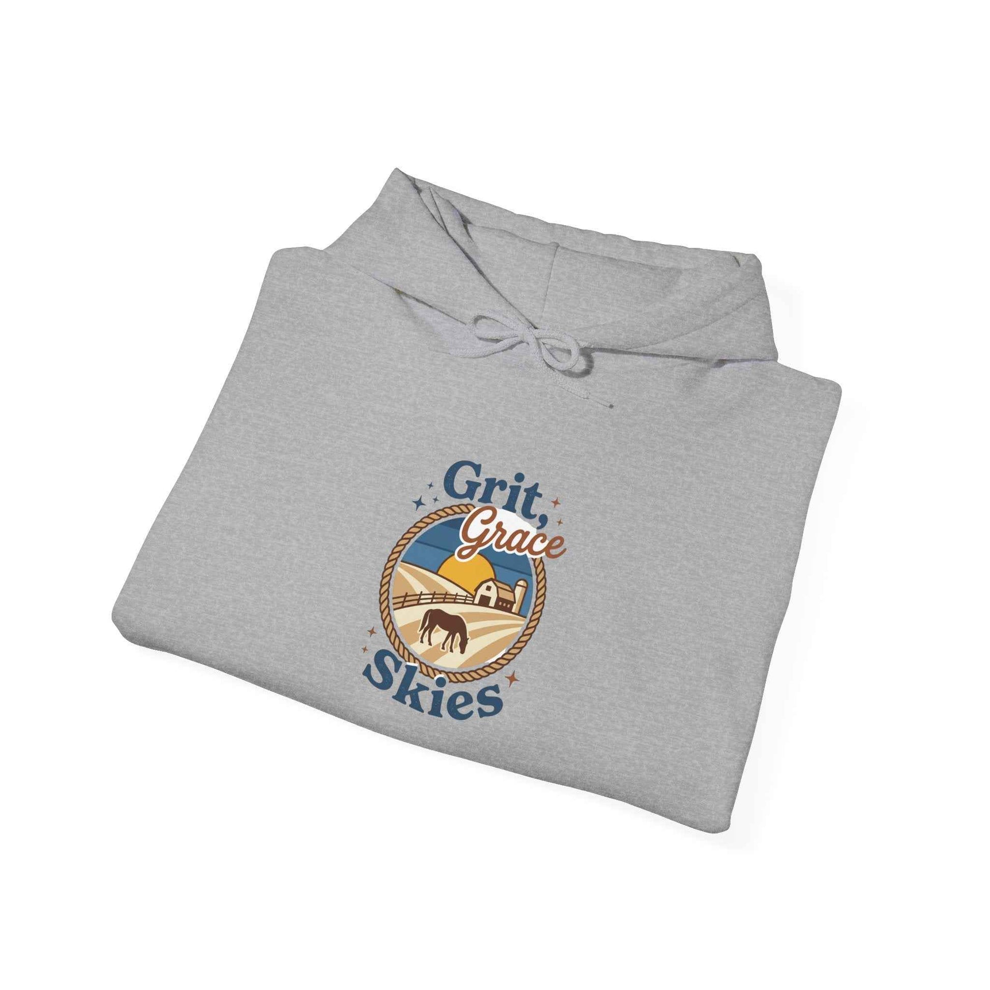 Navy Sun-Bleached Prairie Patch Hoodie by Printify featuring a relaxed fit and patch details, styled on a model.