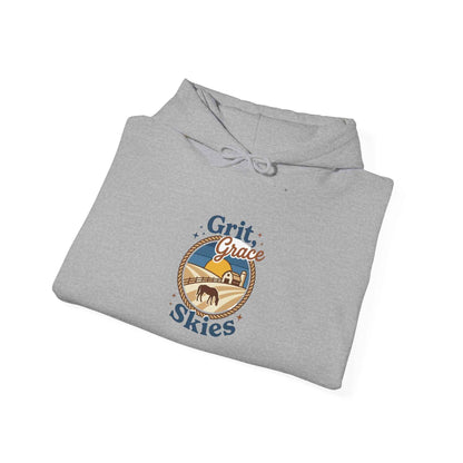 Navy Sun-Bleached Prairie Patch Hoodie by Printify featuring a relaxed fit and patch details, styled on a model.