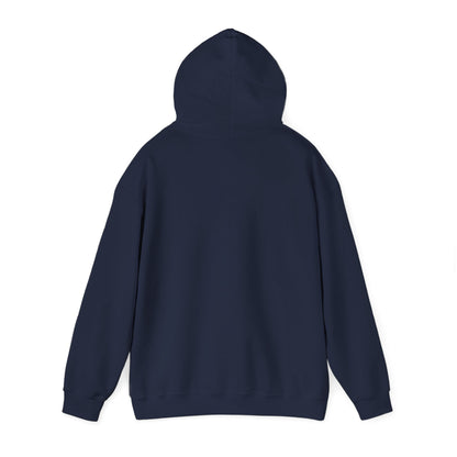 Navy hoodie from Printify featuring sun-bleached prairie patch design, casual style with front pocket and hood.