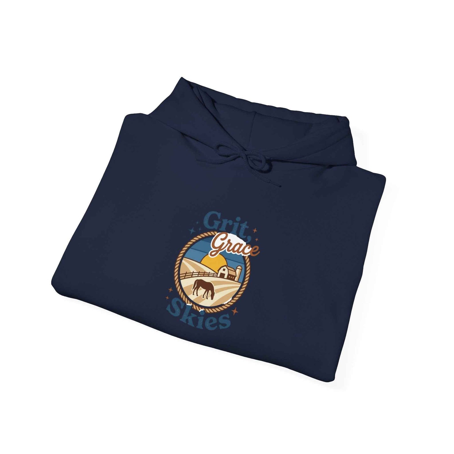 Navy Sun-Bleached Prairie Patch Hoodie by Printify, casual hoodie with patch details and sun-bleached design, front view.