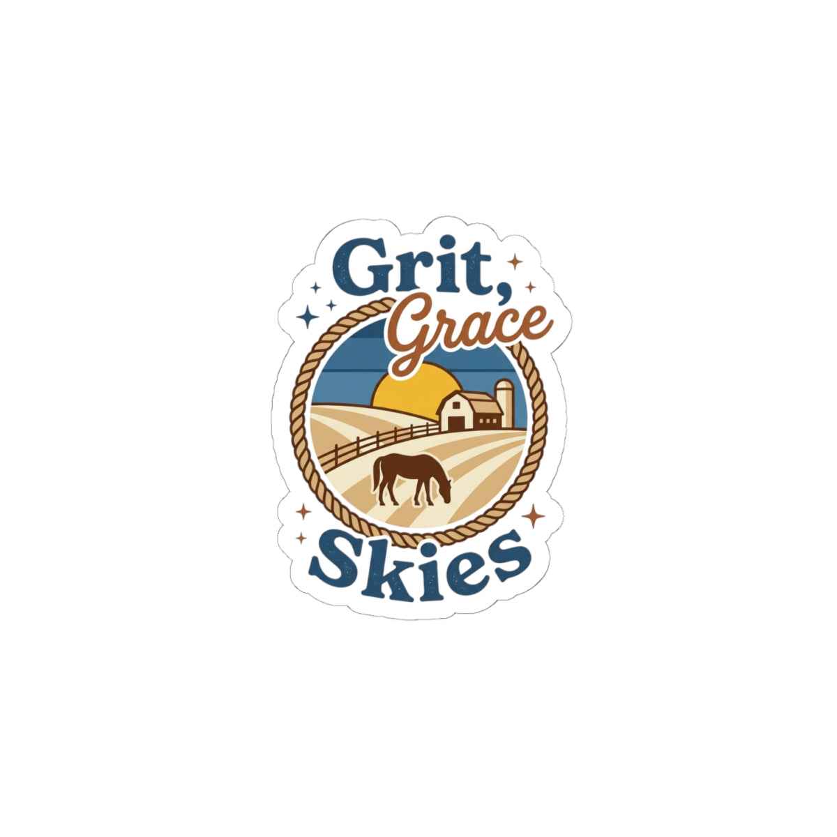 White Grit & Grace Skies cowgirl ranch sticker on paper, featuring Western-style design perfect for authentic Western decor.
