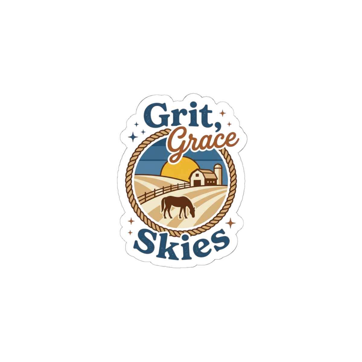 White Grit & Grace Skies sticker featuring western cowgirl design, perfect for decorating notebooks or personal accessories.
