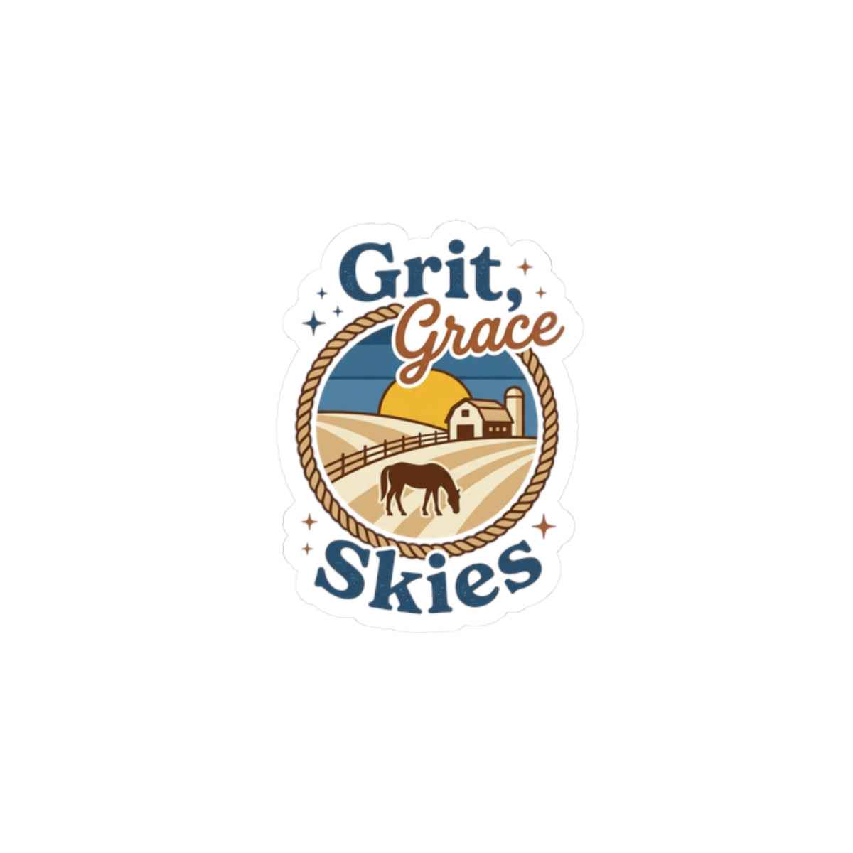 White Grit & Grace Skies cowgirl ranch sticker featuring Western style design on paper, ideal for decorating accessories or crafts.